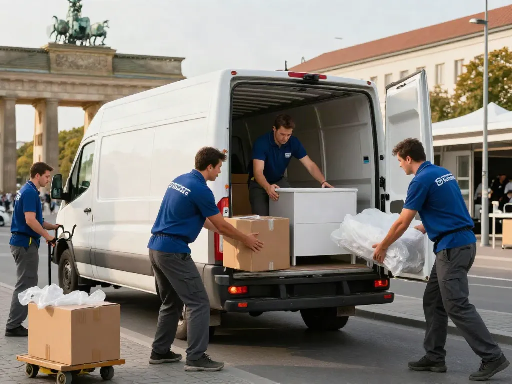 Umzugsfirma Berlin team efficiently loading furniture into moving truck in urban setting.